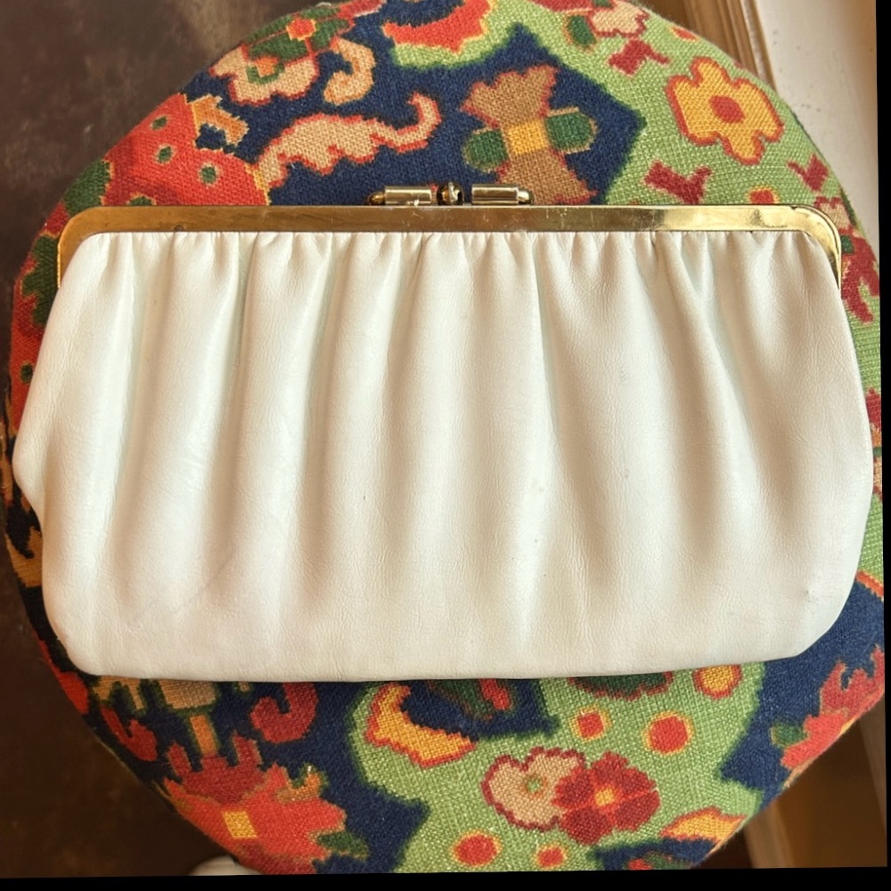 Vintage Off White Distressed Clutch Bag with brass hardware